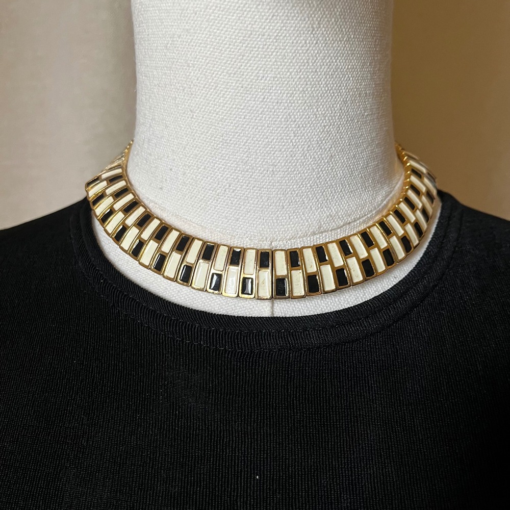 Vintage Black White Enamel Collar Necklace Gold Choker 16" Statement